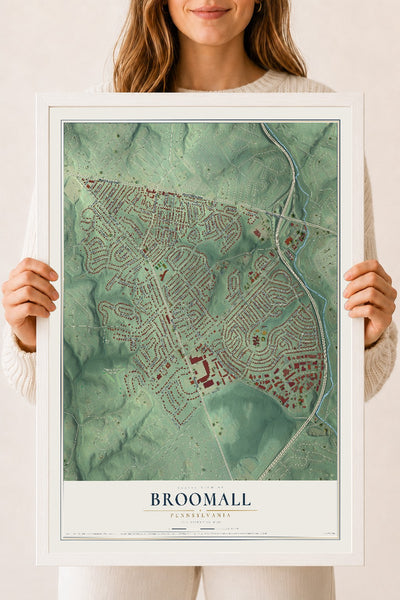 Map of Broomall, Pennsylvania, 18 x 24 inch print in a white wood frame
