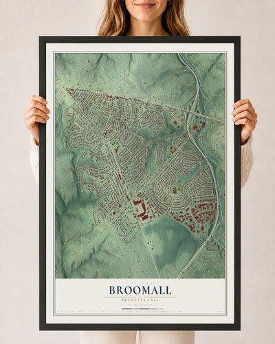 Map of Broomall, Pennsylvania, 24 x 36 inch print in a black wood frame