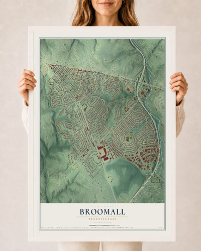 Map of Broomall, Pennsylvania, 24 x 36 inch print in a white wood frame