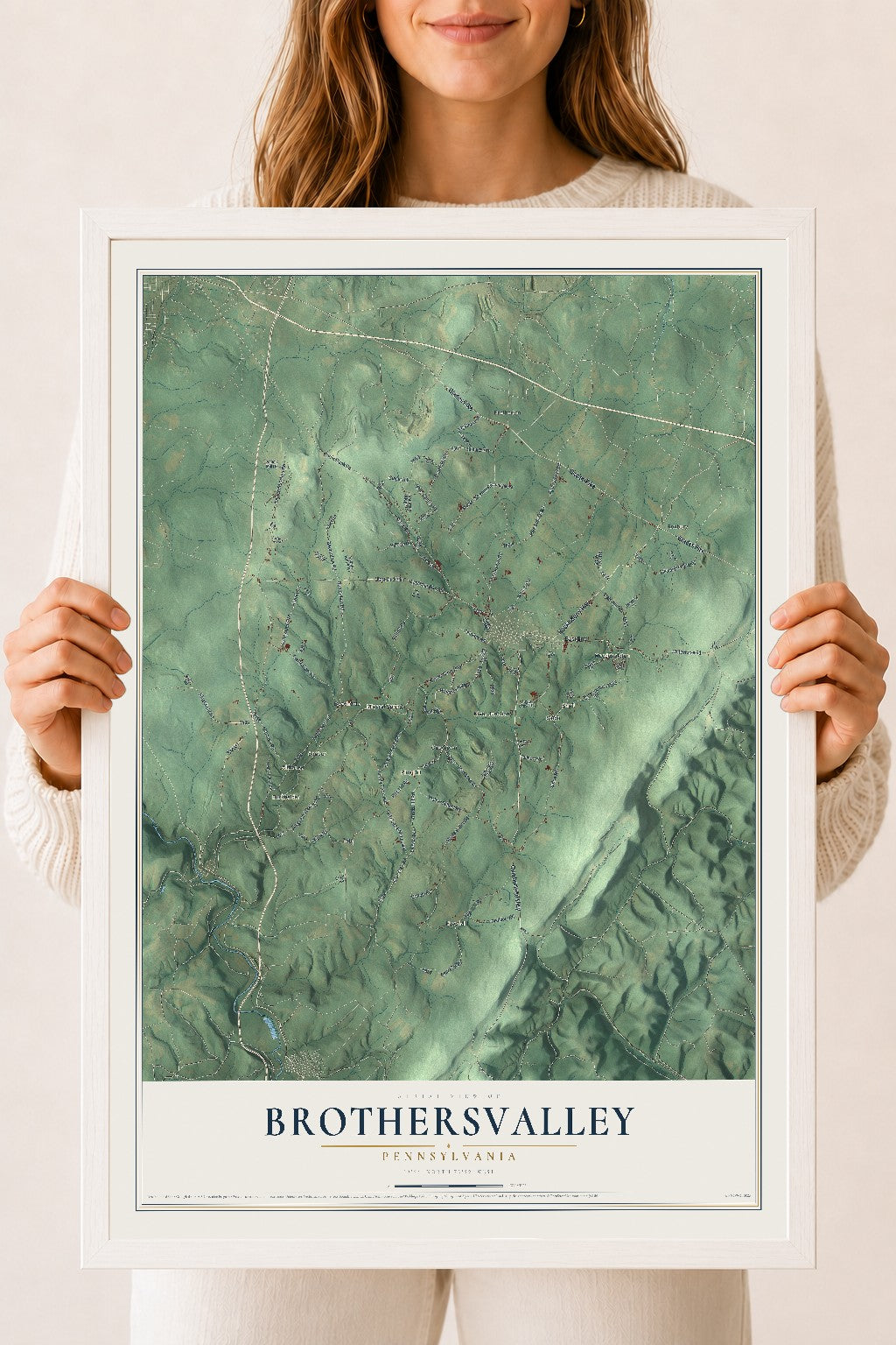 Map of Brothersvalley, Pennsylvania, 18 x 24 inch print in a white wood frame