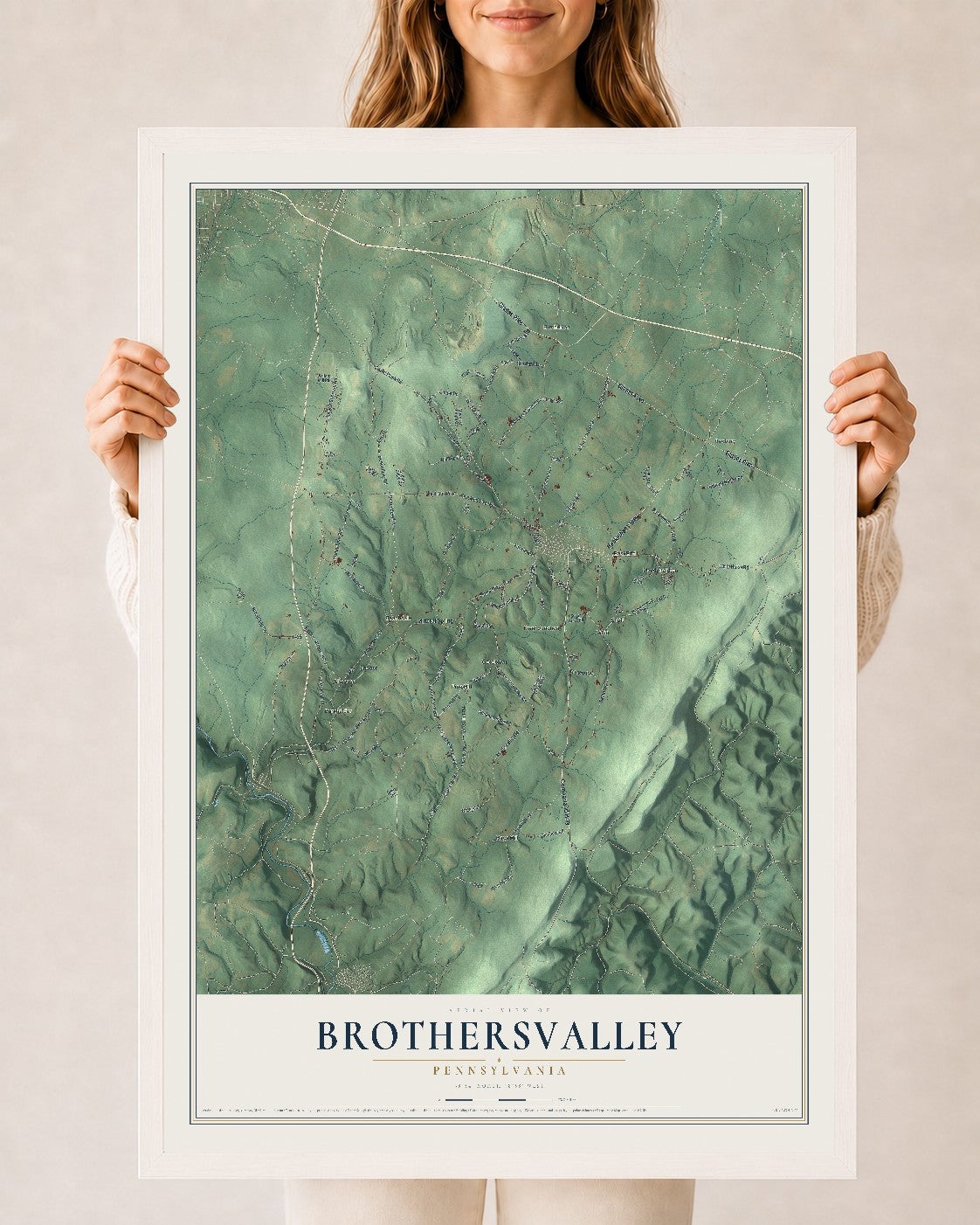 Map of Brothersvalley, Pennsylvania, 24 x 36 inch print in a white wood frame