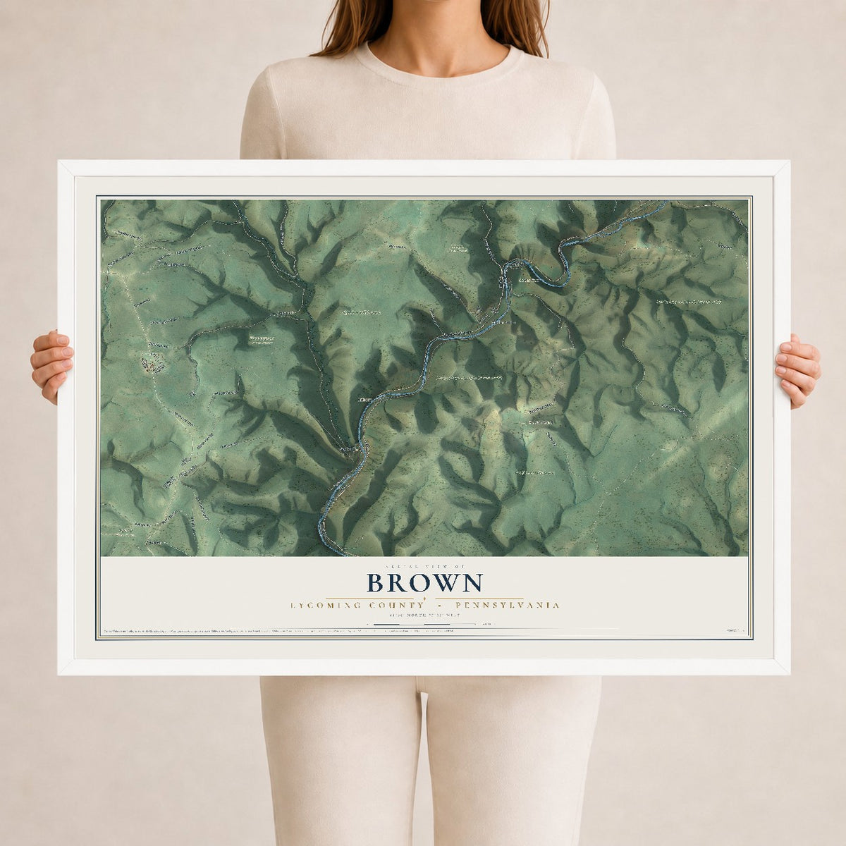 Map of Brown, Lycoming County, Pennsylvania, 24 x 36 inch print in a white wood frame