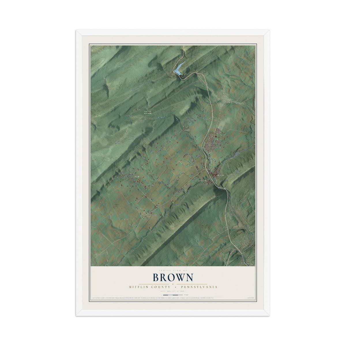 Map of Brown, Mifflin County, Pennsylvania, 12 x 18 inch print in a white wood frame