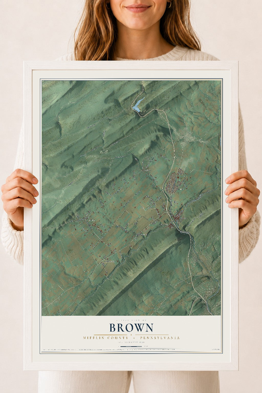 Map of Brown, Mifflin County, Pennsylvania, 18 x 24 inch print in a white wood frame