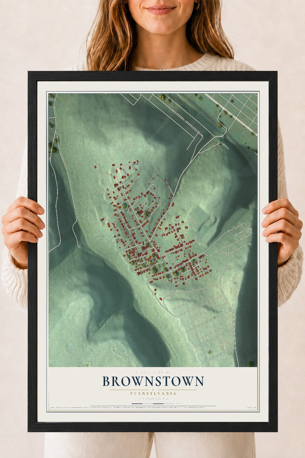 Map of Brownstown, Pennsylvania, 18 x 24 inch print in a black wood frame