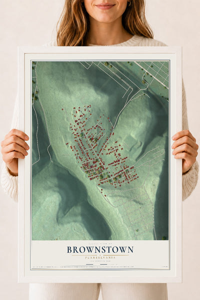 Map of Brownstown, Pennsylvania, 18 x 24 inch print in a white wood frame