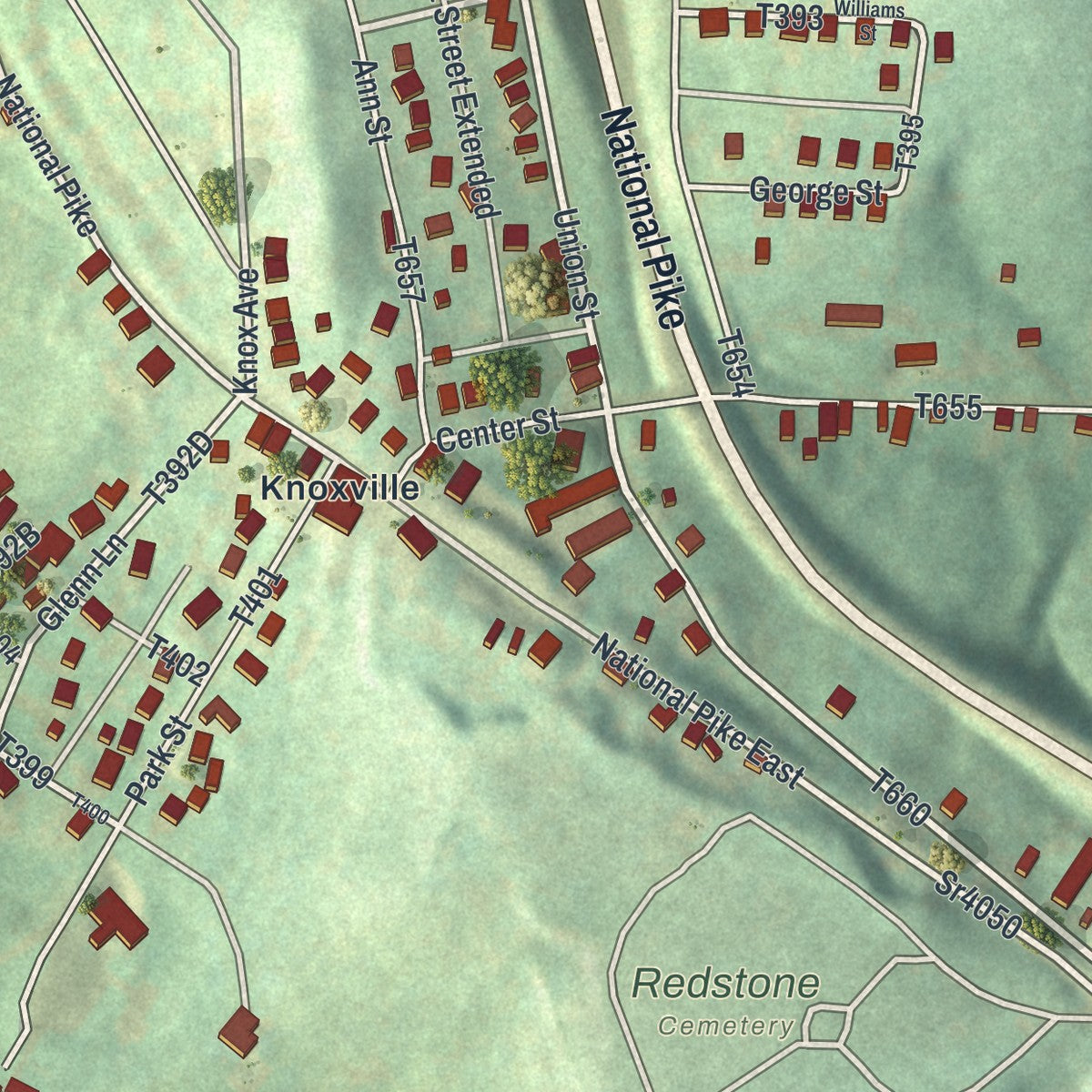 Close-up of the map of Brownsville, Fayette County, Pennsylvania print showing street and building detail