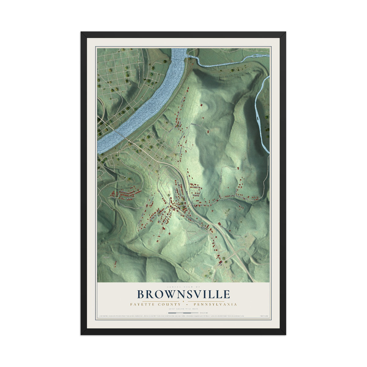 Map of Brownsville, Fayette County, Pennsylvania, 12 x 18 inch print in a black wood frame