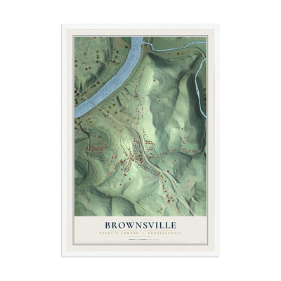 Map of Brownsville, Fayette County, Pennsylvania, 12 x 18 inch print in a white wood frame