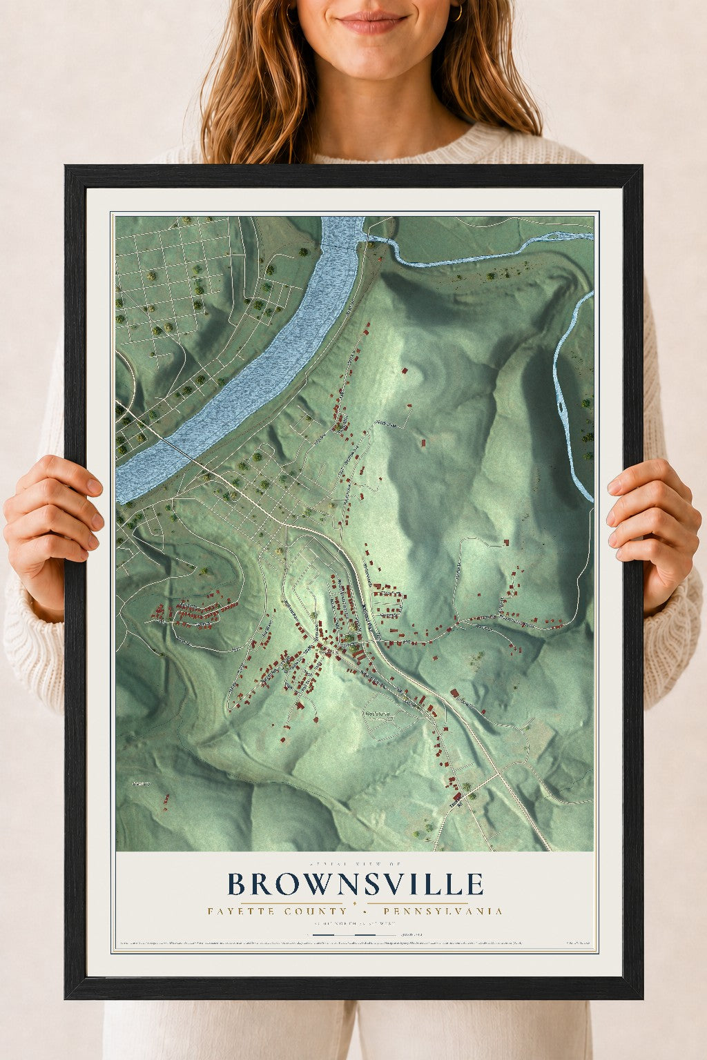 Map of Brownsville, Fayette County, Pennsylvania, 18 x 24 inch print in a black wood frame