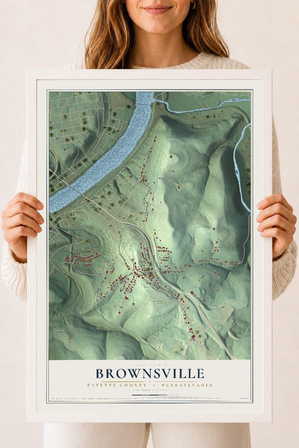 Map of Brownsville, Fayette County, Pennsylvania, 18 x 24 inch print in a white wood frame