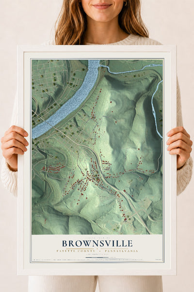 Map of Brownsville, Fayette County, Pennsylvania, 18 x 24 inch print in a white wood frame