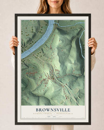 Map of Brownsville, Fayette County, Pennsylvania, 24 x 36 inch print in a black wood frame