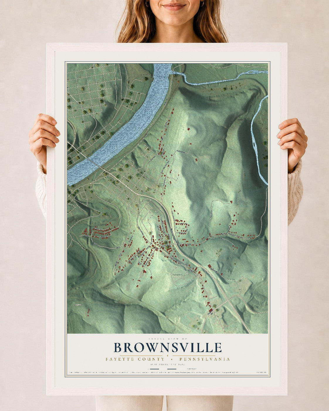 Map of Brownsville, Fayette County, Pennsylvania, 24 x 36 inch print in a white wood frame