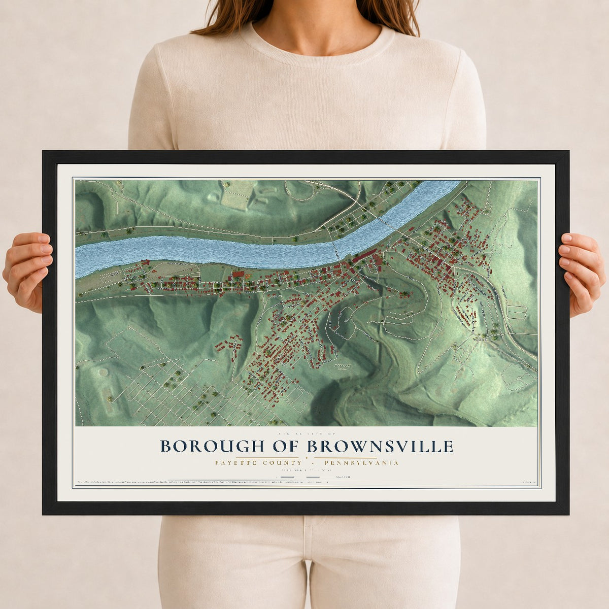 Map of the Borough of Brownsville, Fayette County, Pennsylvania, 12 x 18 inch print in a black wood frame