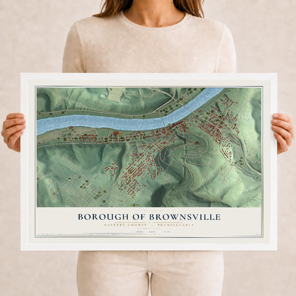 Map of the Borough of Brownsville, Fayette County, Pennsylvania, 12 x 18 inch print in a white wood frame