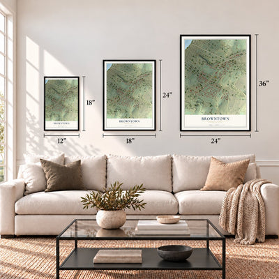 Browntown, Pennsylvania map in 12 x 18, 18 x 24 and 24 x 36 inch sizes above a sofa