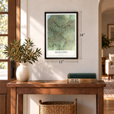 Browntown, Pennsylvania map, 12 x 18 inch print in a black frame in an entryway