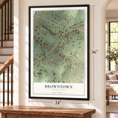Browntown, Pennsylvania map, 24 x 36 inch print in a black frame by a staircase