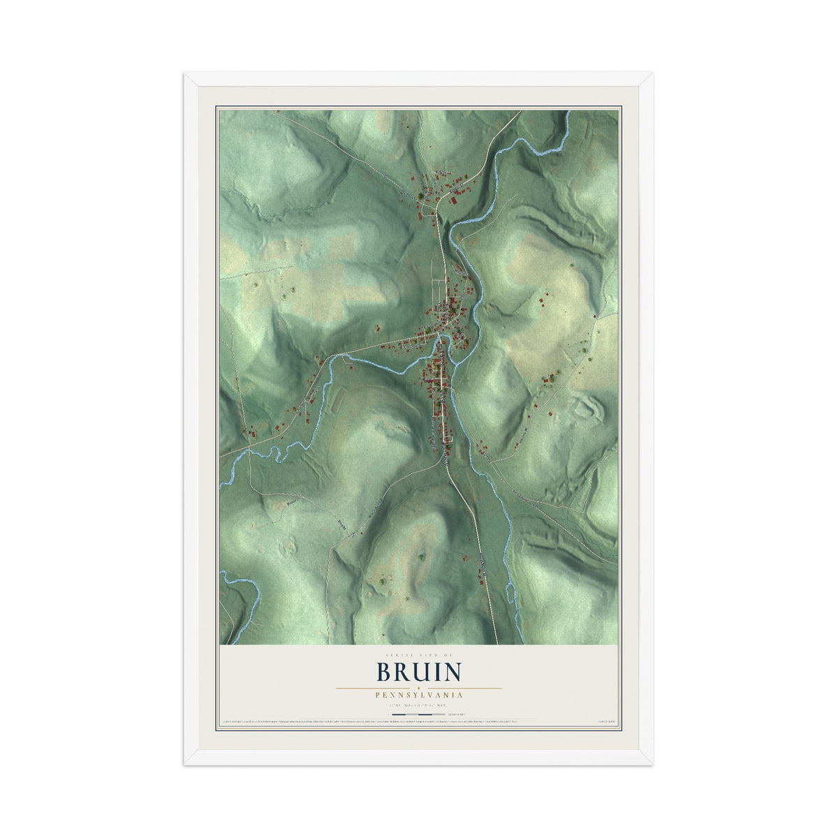 Map of Bruin, Pennsylvania, 12 x 18 inch print in a white wood frame