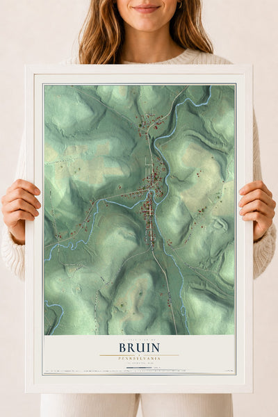 Map of Bruin, Pennsylvania, 18 x 24 inch print in a white wood frame