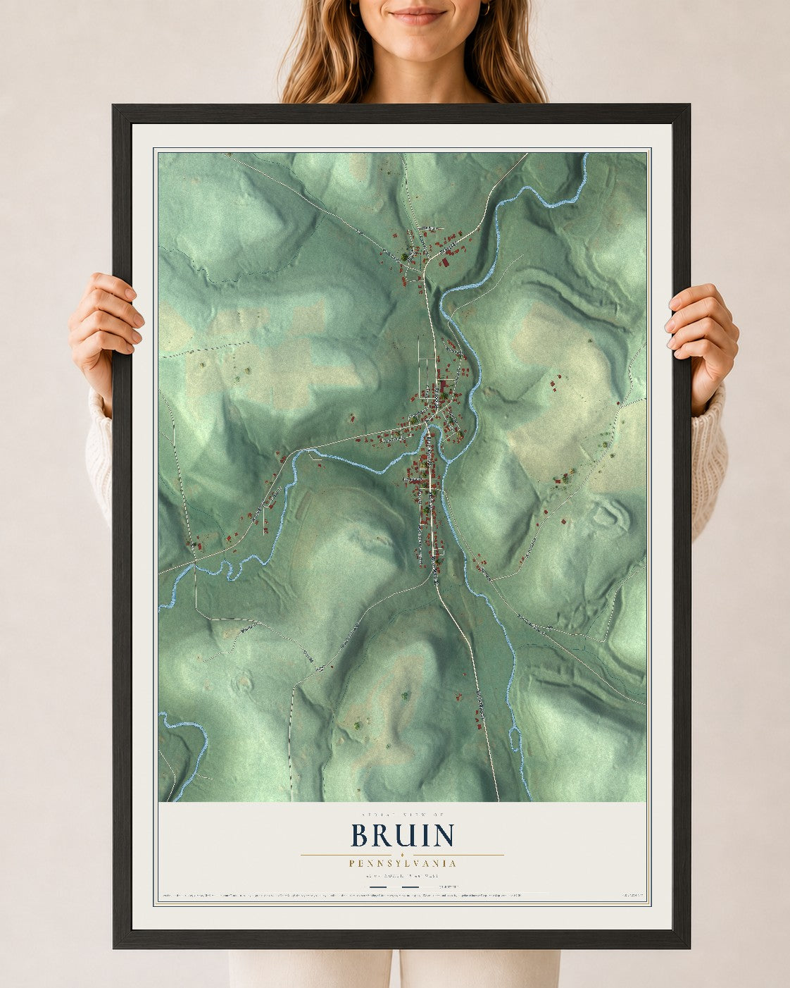 Map of Bruin, Pennsylvania, 24 x 36 inch print in a black wood frame