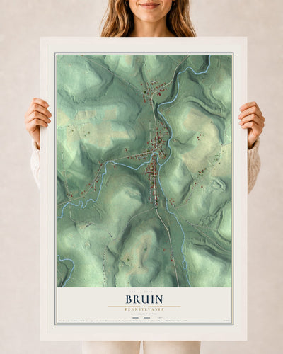 Map of Bruin, Pennsylvania, 24 x 36 inch print in a white wood frame