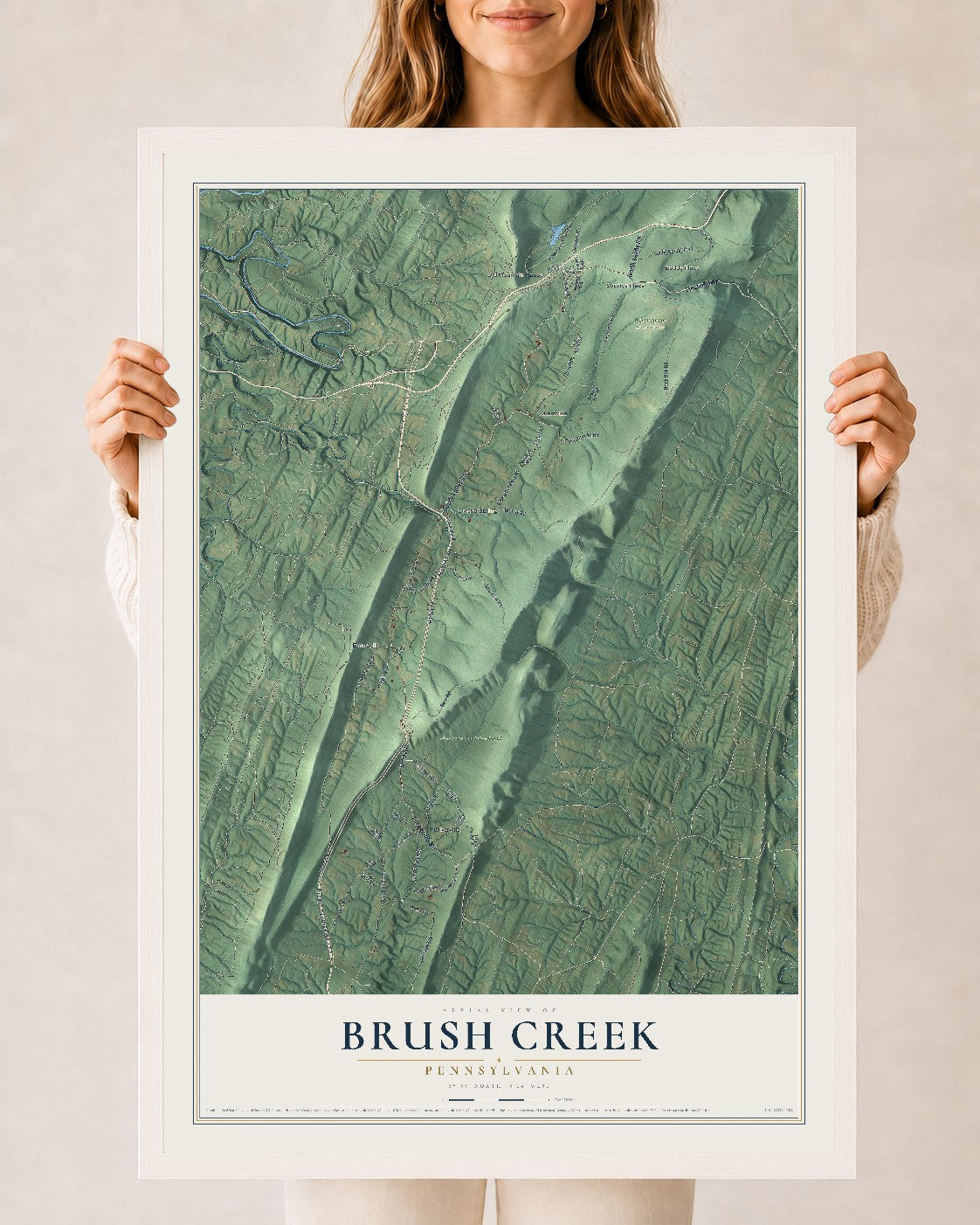 Map of Brush Creek, Pennsylvania, 24 x 36 inch print in a white wood frame