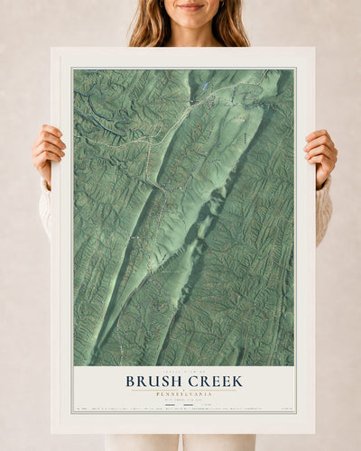 Map of Brush Creek, Pennsylvania, 24 x 36 inch print in a white wood frame
