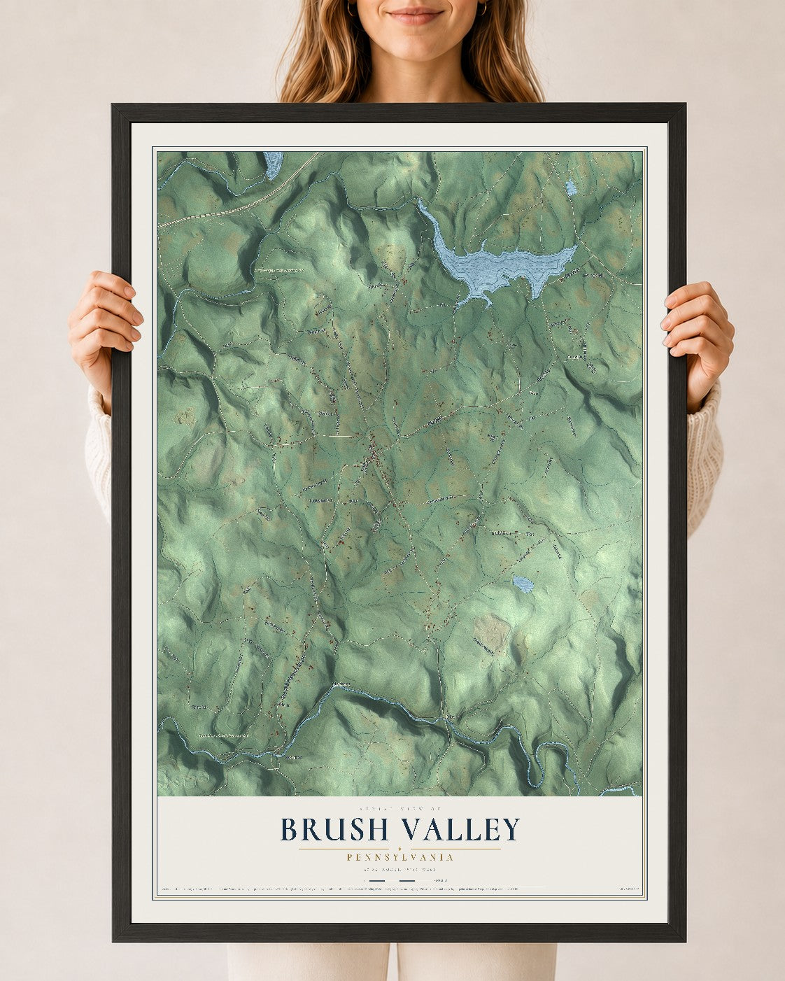 Map of Brush Valley, Pennsylvania, 24 x 36 inch print in a black wood frame
