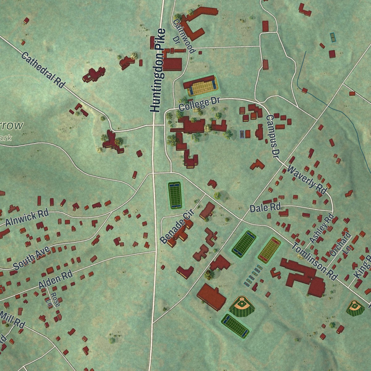 Close-up of the map of Bryn Athyn, Pennsylvania print showing street and building detail