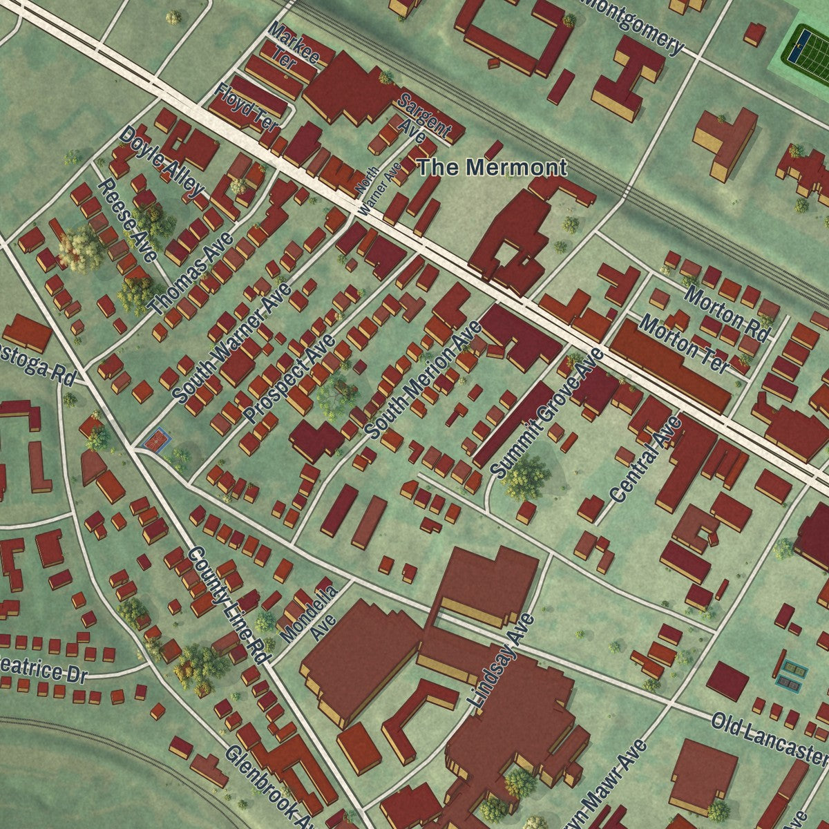 Close-up of the map of Bryn Mawr, Pennsylvania print showing street and building detail