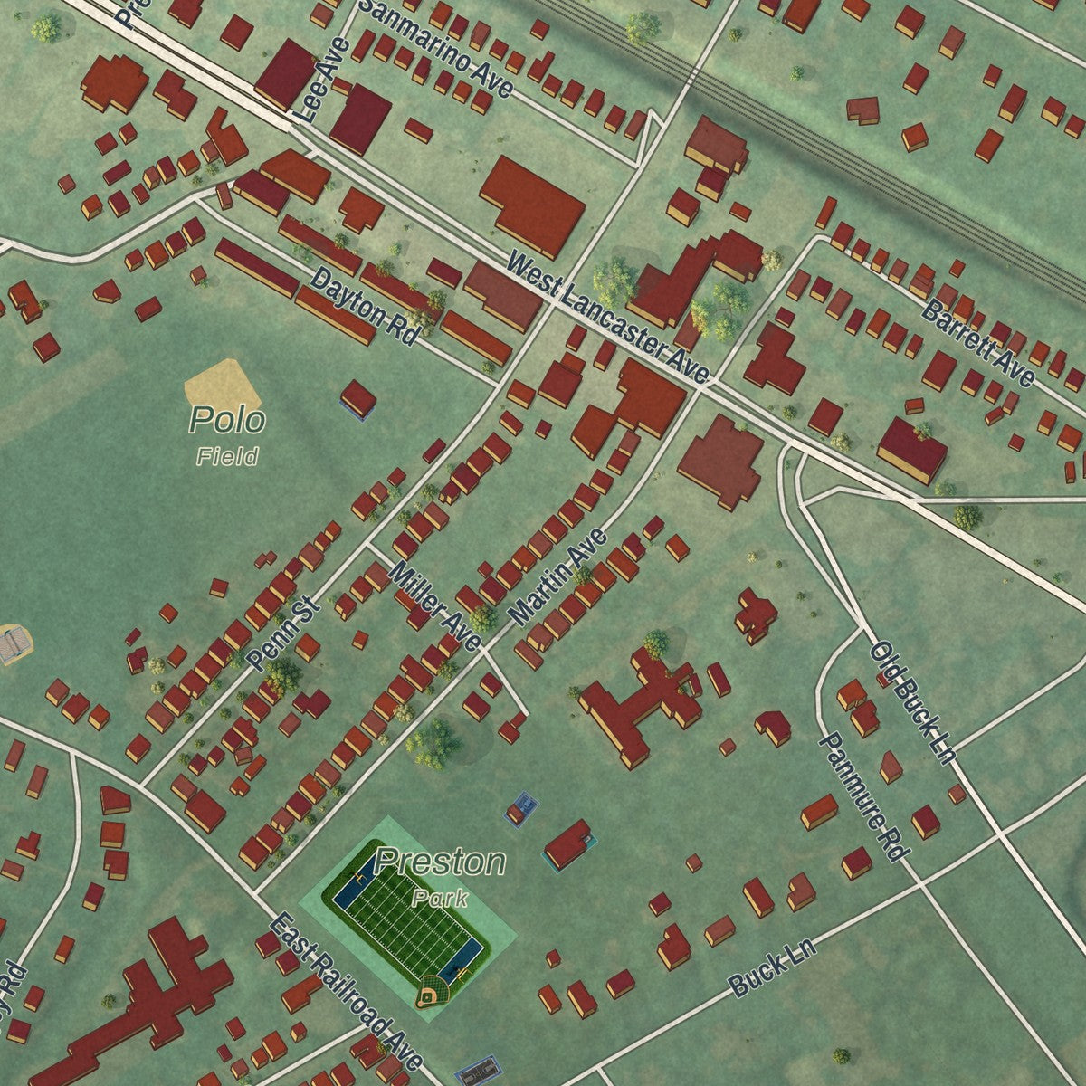 Second close-up of the map of Bryn Mawr, Pennsylvania print showing more streets and buildings