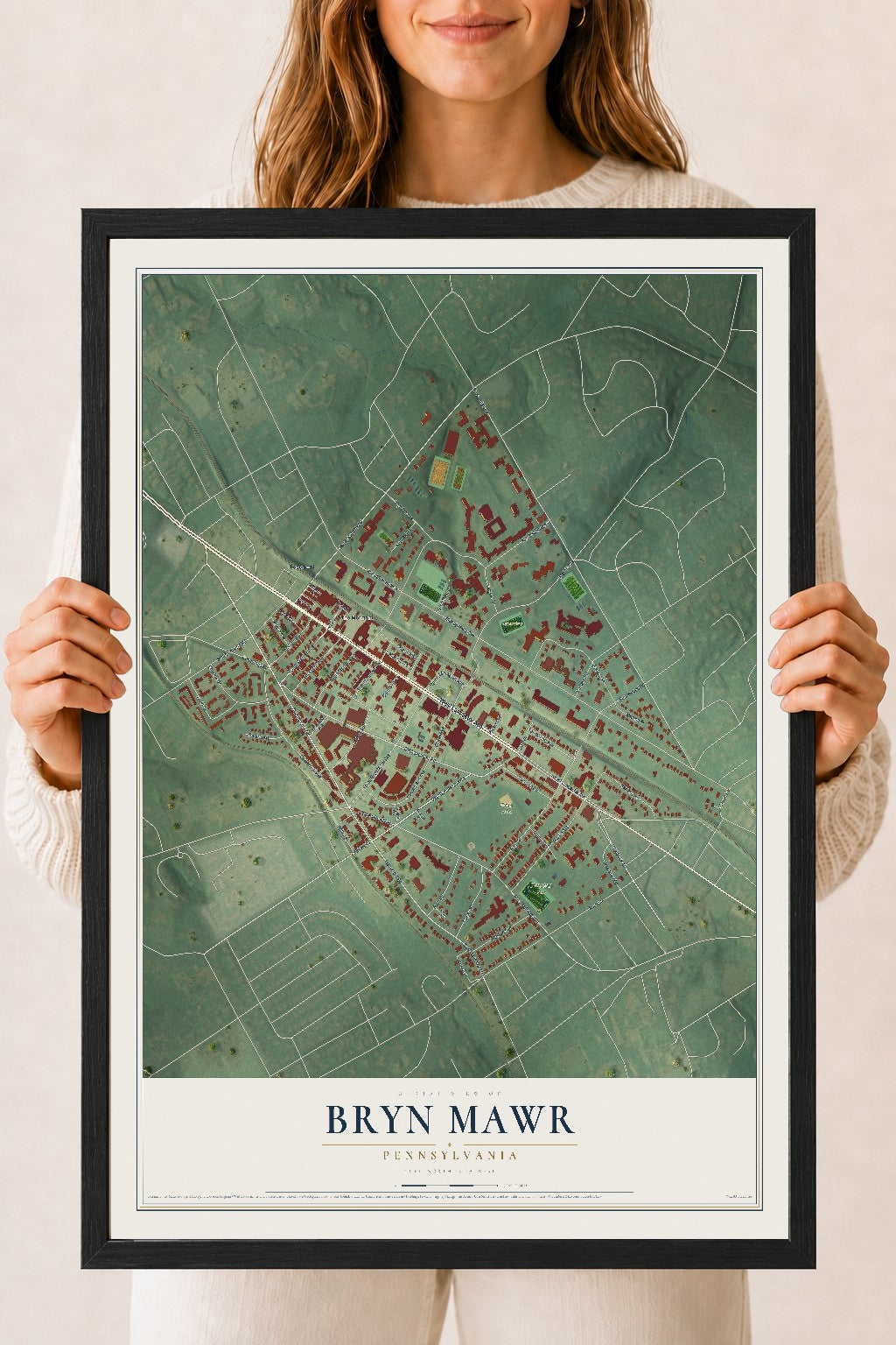 Map of Bryn Mawr, Pennsylvania, 18 x 24 inch print in a black wood frame