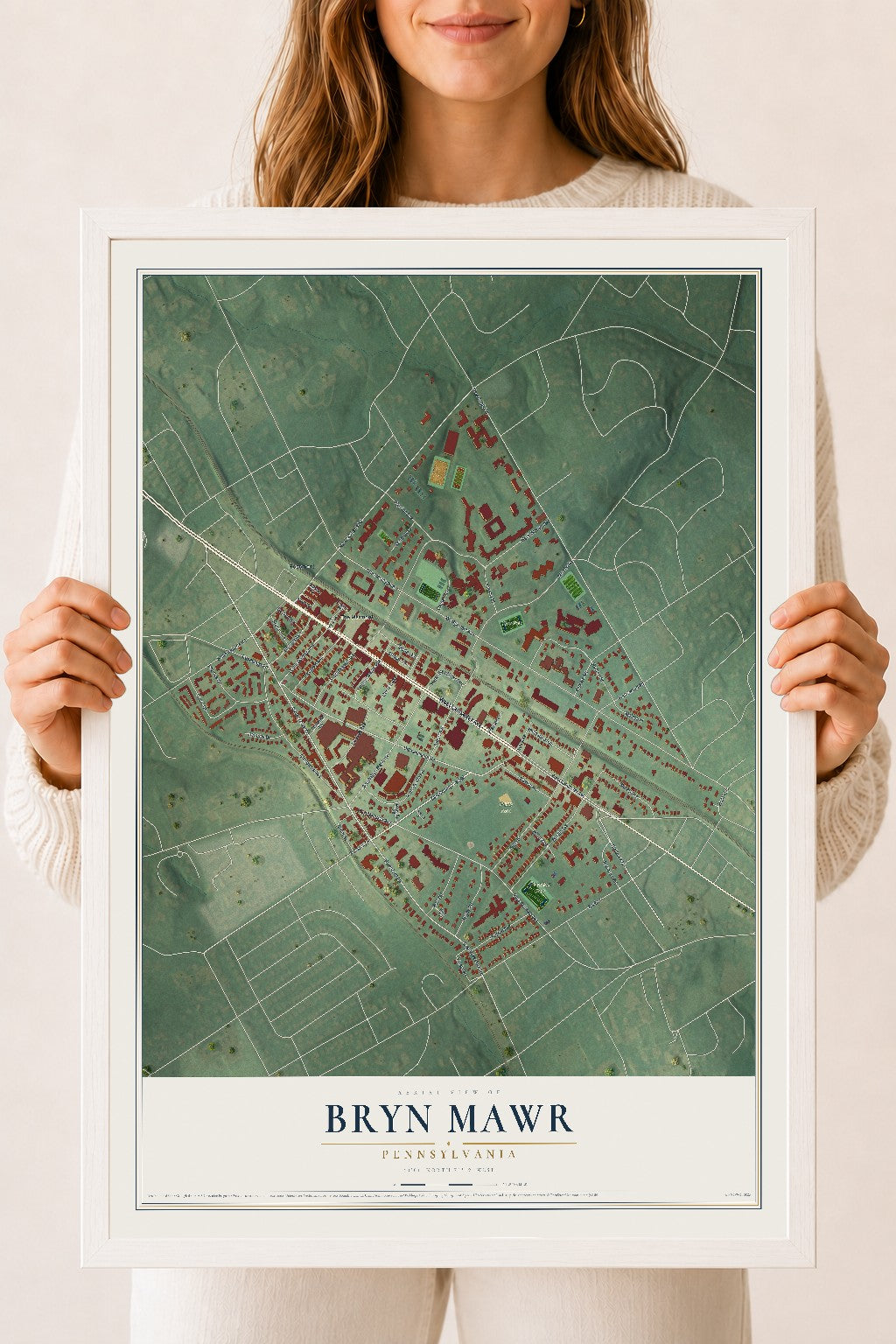 Map of Bryn Mawr, Pennsylvania, 18 x 24 inch print in a white wood frame