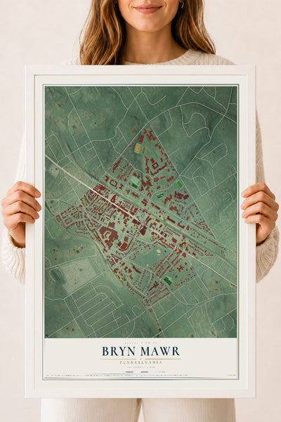 Map of Bryn Mawr, Pennsylvania, 18 x 24 inch print in a white wood frame