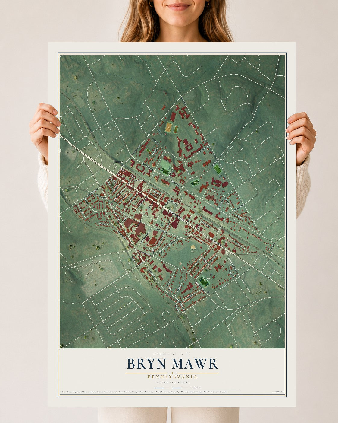 Map of Bryn Mawr, Pennsylvania, 24 x 36 inch unframed archival matte print