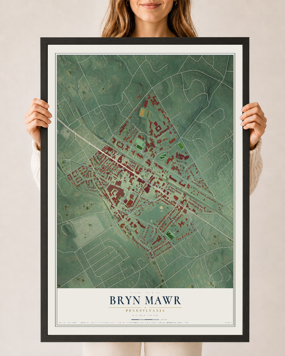 Map of Bryn Mawr, Pennsylvania, 24 x 36 inch print in a black wood frame