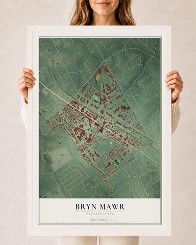 Map of Bryn Mawr, Pennsylvania, 24 x 36 inch print in a white wood frame