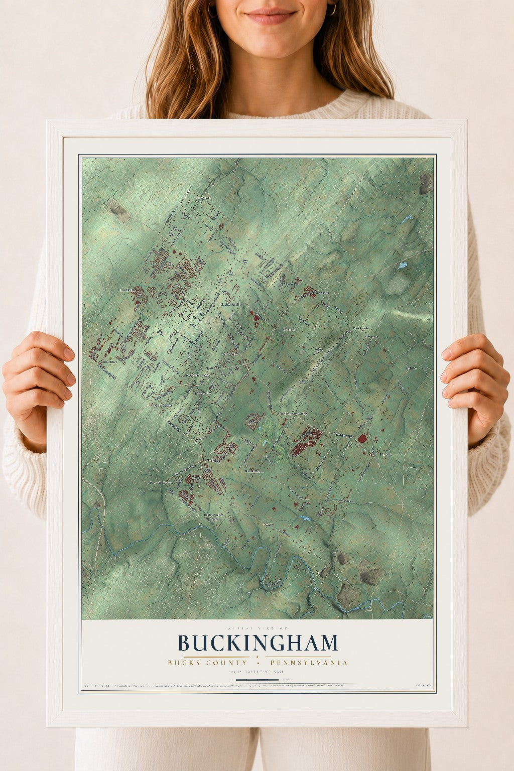 Map of Buckingham, Bucks County, Pennsylvania, 18 x 24 inch print in a white wood frame