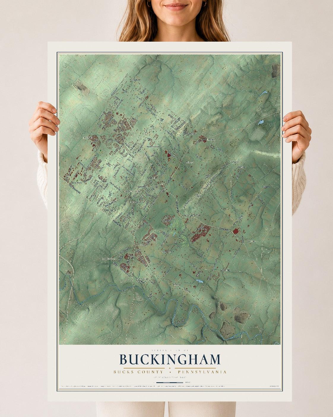 Map of Buckingham, Bucks County, Pennsylvania, 24 x 36 inch unframed archival matte print