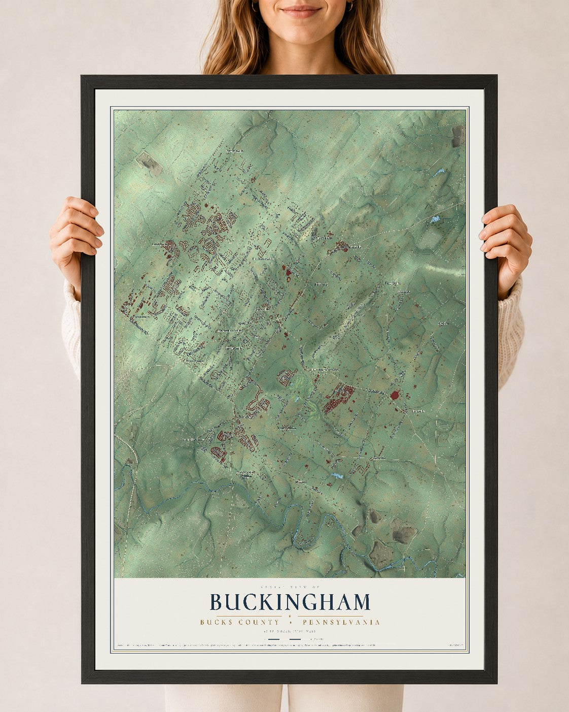 Map of Buckingham, Bucks County, Pennsylvania, 24 x 36 inch print in a black wood frame