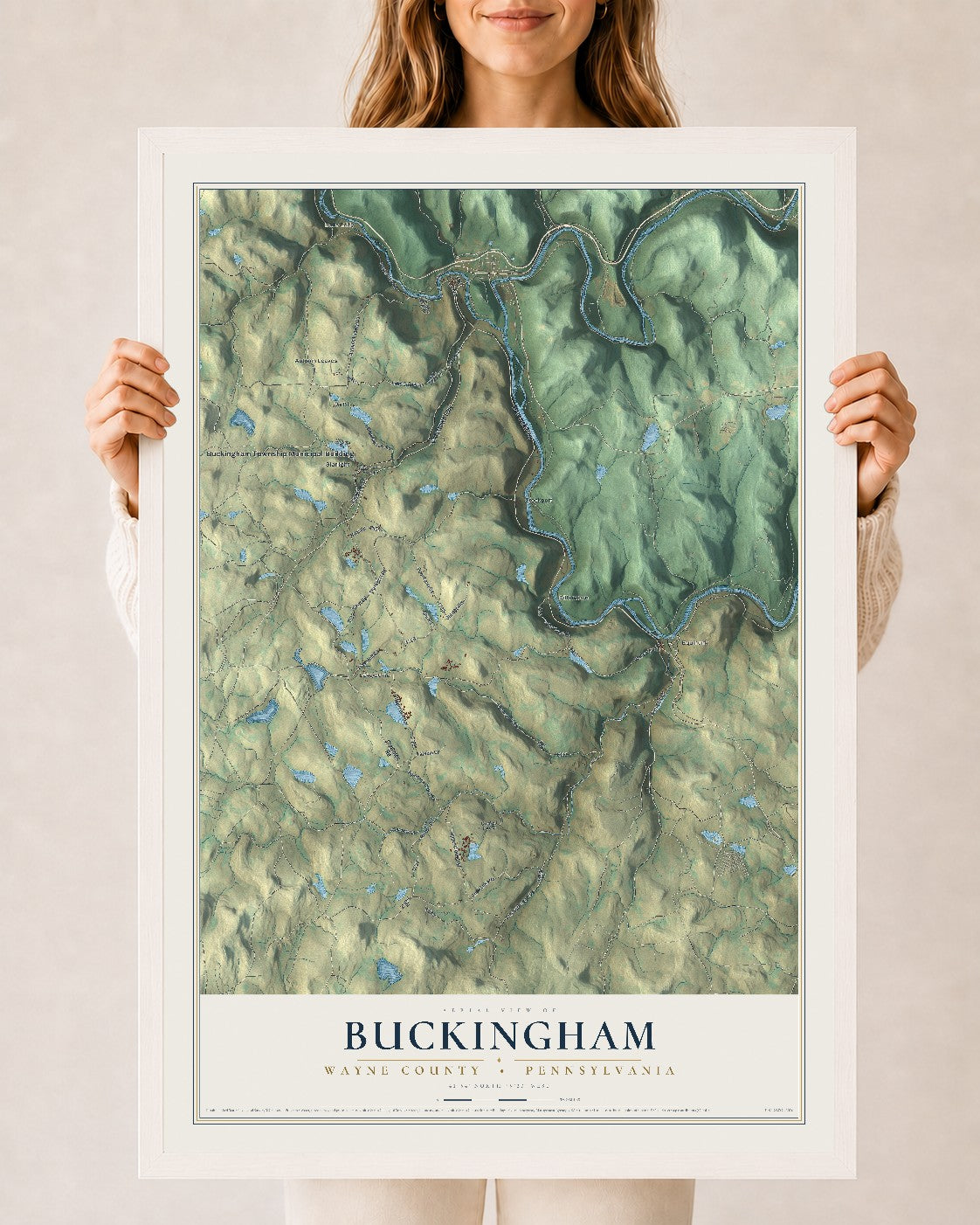 Map of Buckingham, Wayne County, Pennsylvania, 24 x 36 inch print in a white wood frame