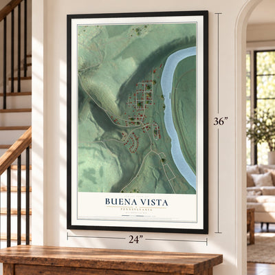 Buena Vista, Pennsylvania map, 24 x 36 inch print in a black frame by a staircase