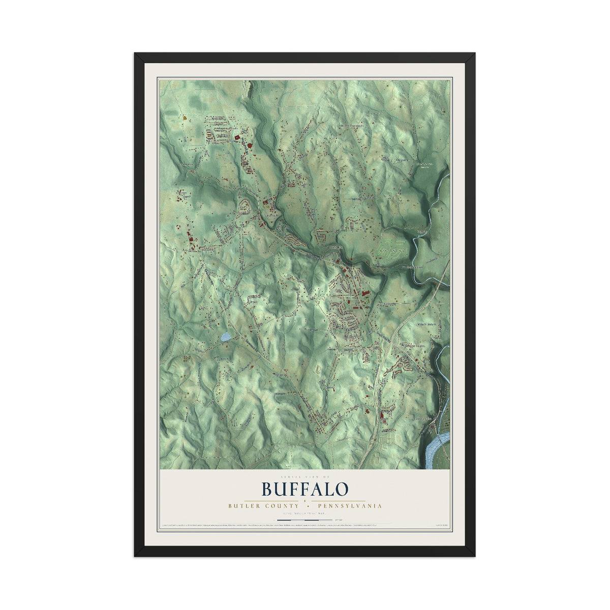 Map of Buffalo, Butler County, Pennsylvania, 12 x 18 inch print in a black wood frame