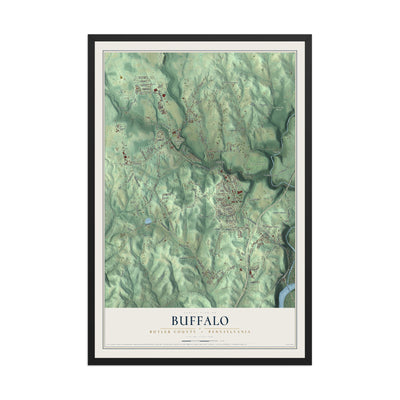 Map of Buffalo, Butler County, Pennsylvania, 12 x 18 inch print in a black wood frame