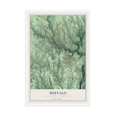 Map of Buffalo, Butler County, Pennsylvania, 12 x 18 inch print in a white wood frame