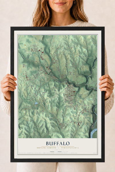 Map of Buffalo, Butler County, Pennsylvania, 18 x 24 inch print in a black wood frame