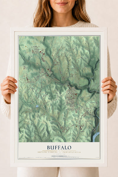 Map of Buffalo, Butler County, Pennsylvania, 18 x 24 inch print in a white wood frame