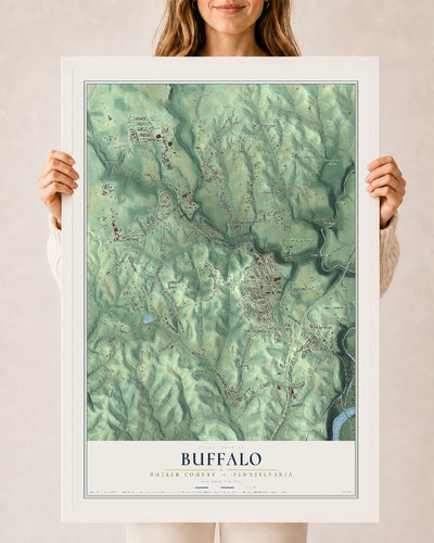 Map of Buffalo, Butler County, Pennsylvania, 24 x 36 inch print in a white wood frame